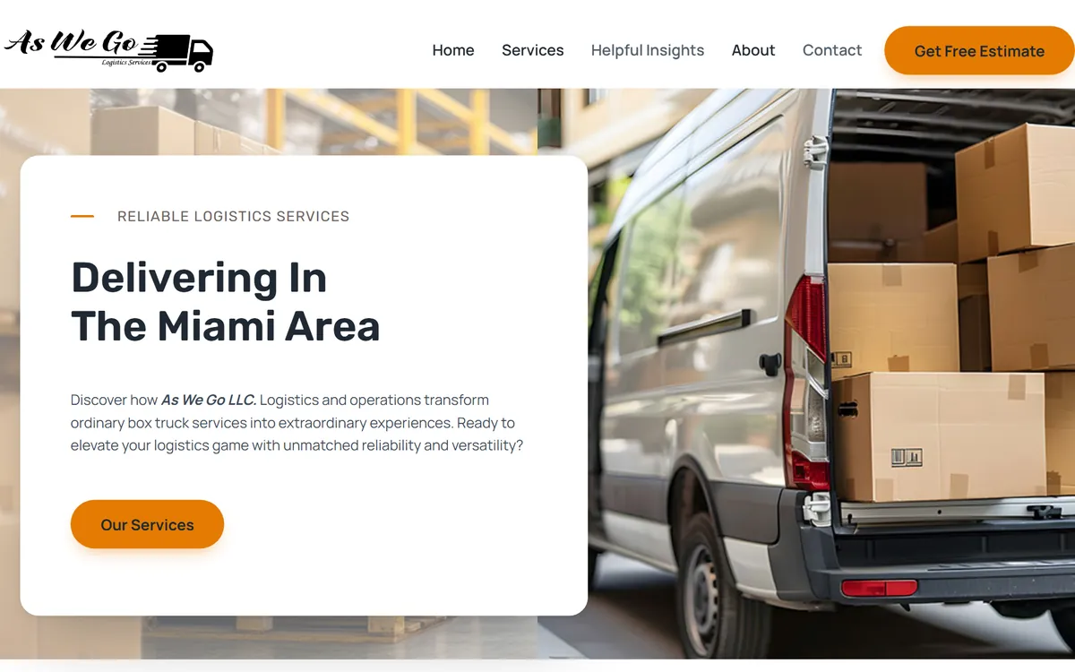 The As We Go home page: Delivering in the Miami area beside a van full of boxes, with a Get Free Estimate button in the header.