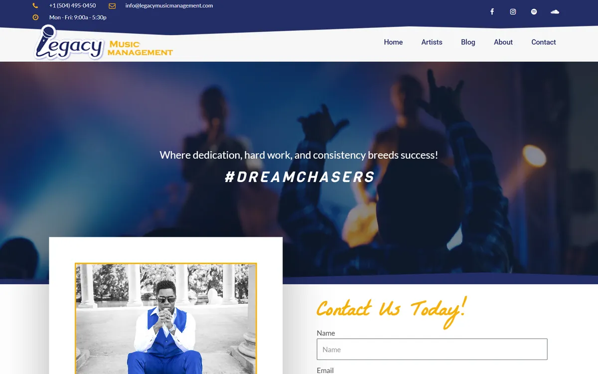 The Legacy Music Management home page: a concert crowd under the line Where dedication, hard work, and consistency breeds success, with a contact form below.