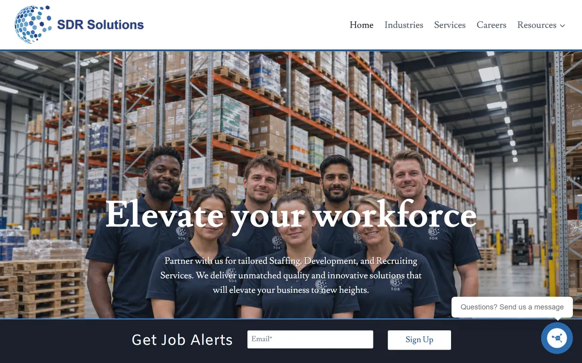 The SDR Solutions home page on a laptop: a team in a warehouse under the headline Elevate your workforce, with a Get Job Alerts sign-up below.