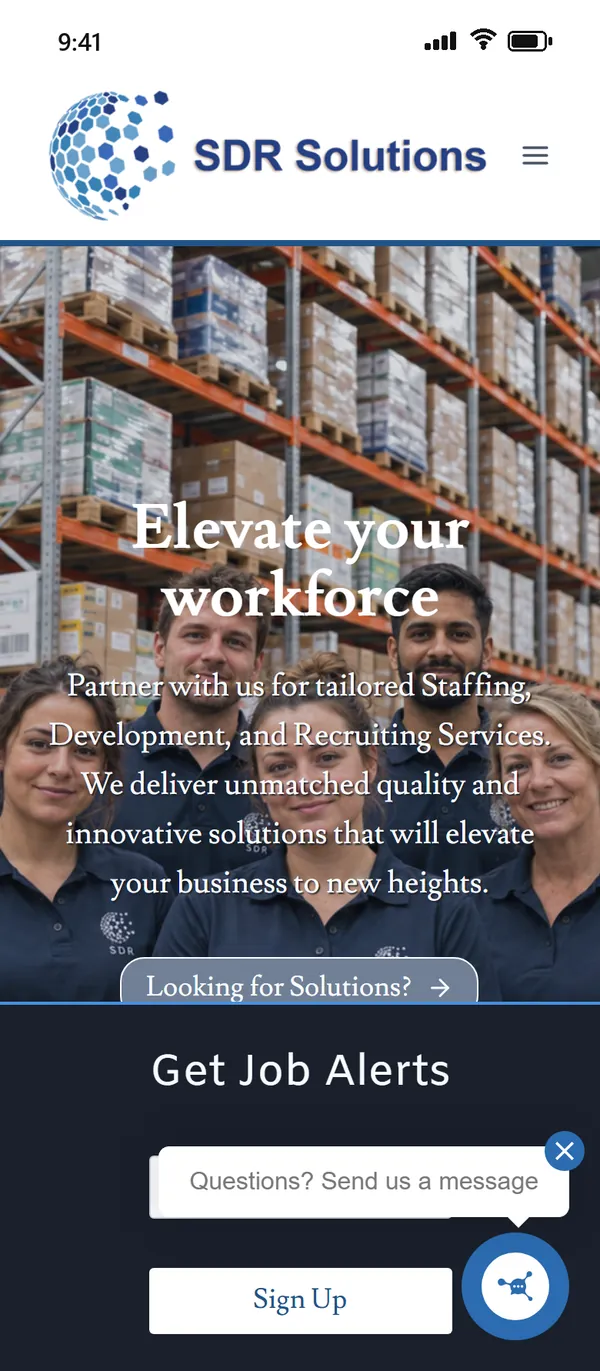 The same home page on a phone, with the Looking for Solutions? button in the first screen.